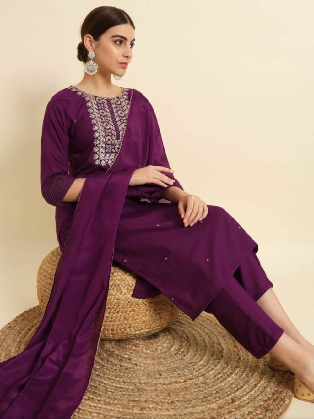 Mirraw - Embroidered Work Straight Kurta Pant And Dupatta Set Wine
